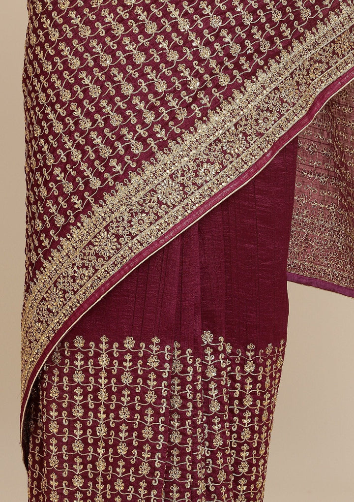 Wine Zariwork Art Silk Designer Saree - koskii