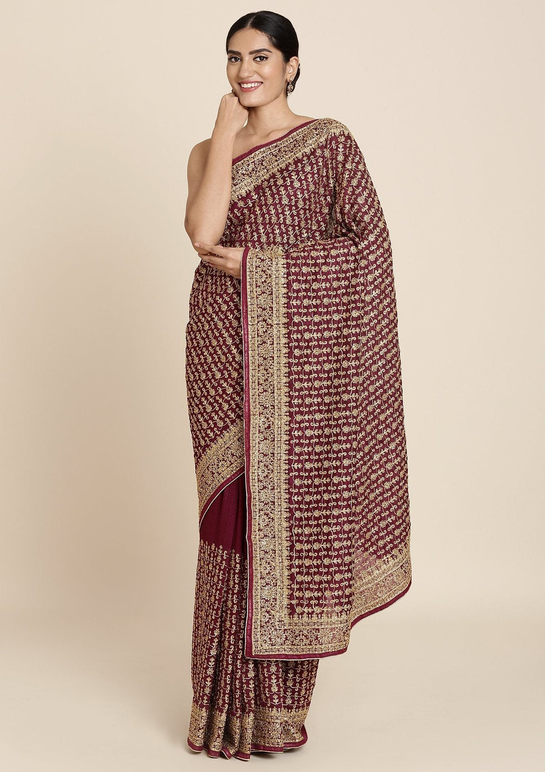 Wine Zariwork Art Silk Designer Saree - koskii