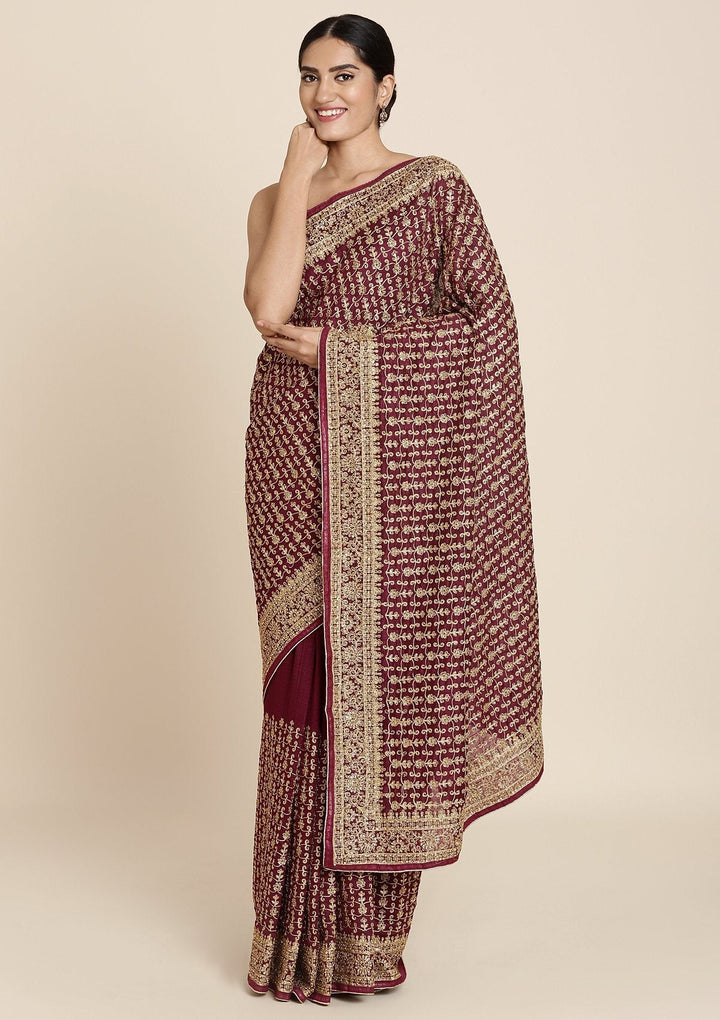 Wine Zariwork Art Silk Designer Saree - koskii