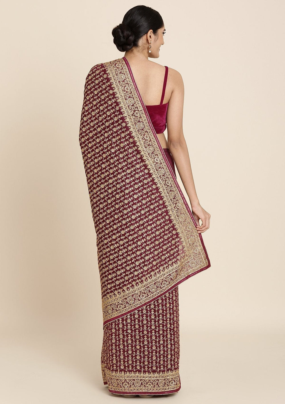 Wine Zariwork Art Silk Designer Saree - koskii