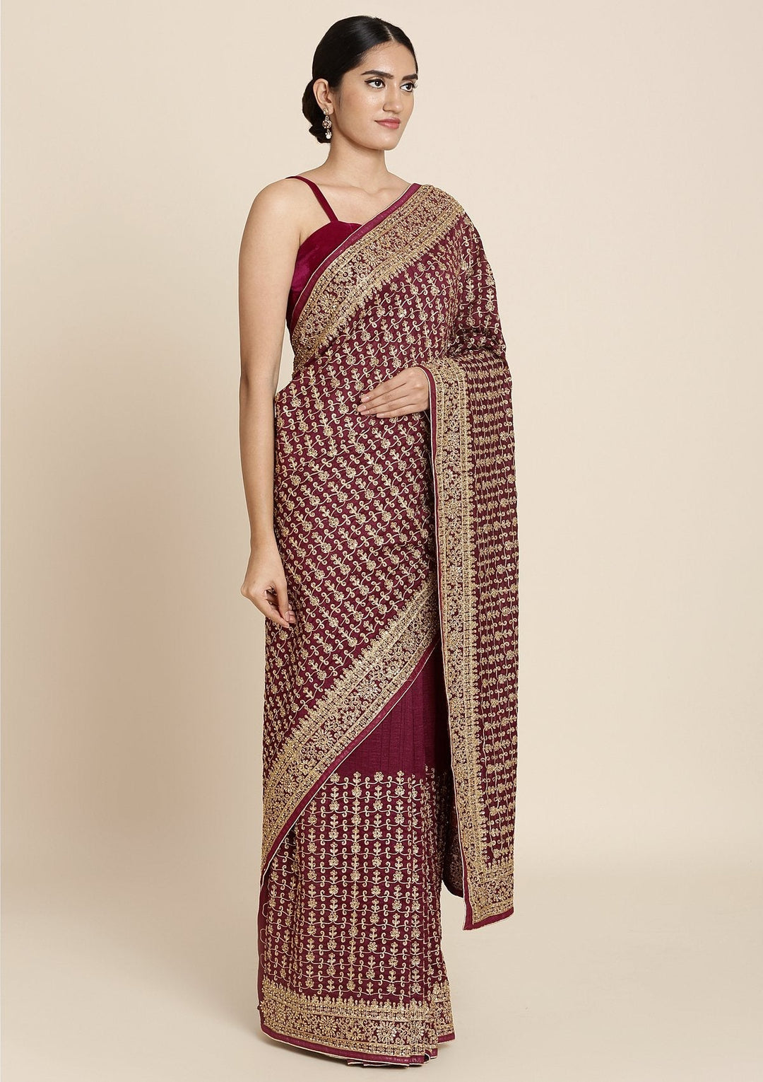 Wine Zariwork Art Silk Designer Saree - koskii