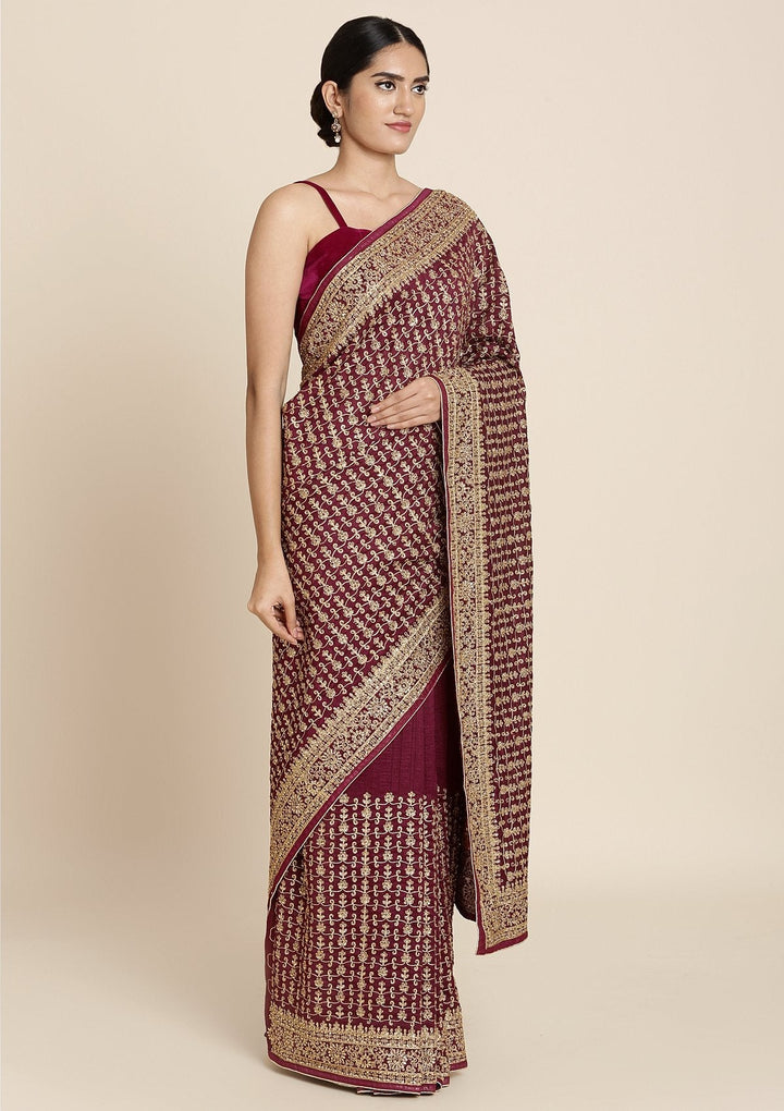 Wine Zariwork Art Silk Designer Saree - koskii