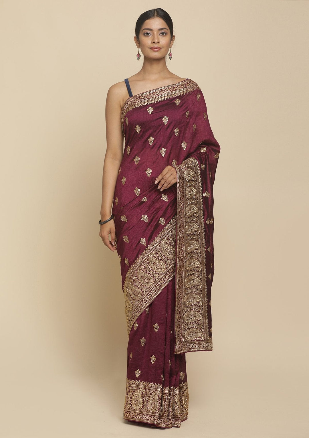 Wine Zariwork  Art Silk Designer Saree - koskii