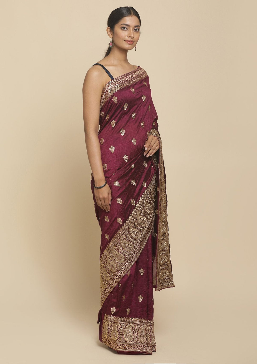 Wine Zariwork  Art Silk Designer Saree - koskii
