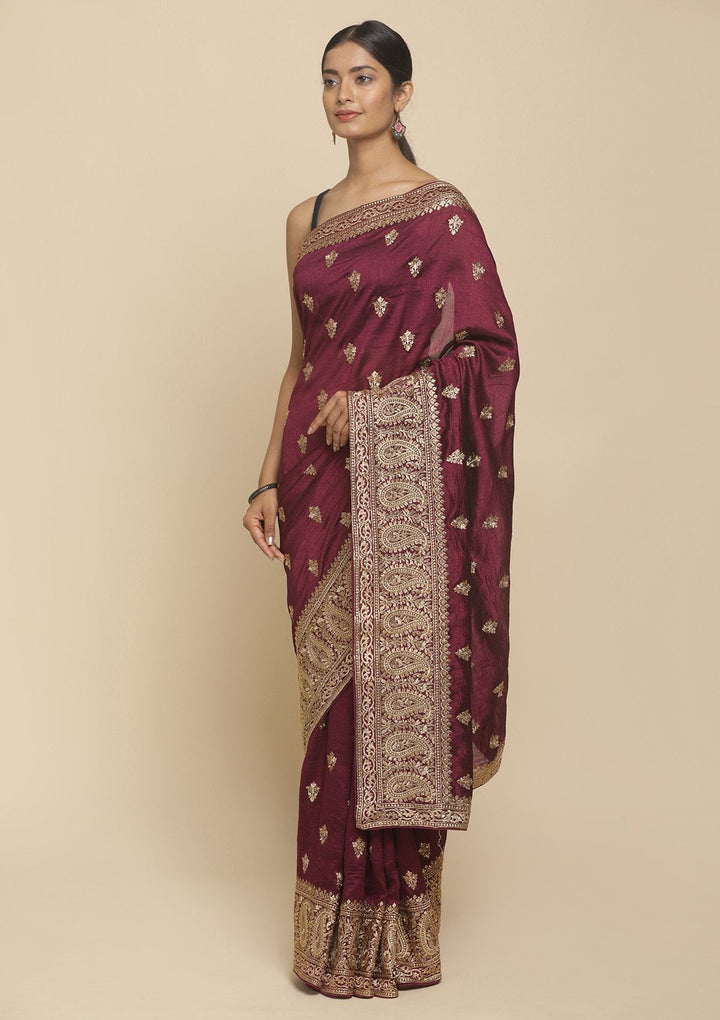 Wine Zariwork  Art Silk Designer Saree - koskii