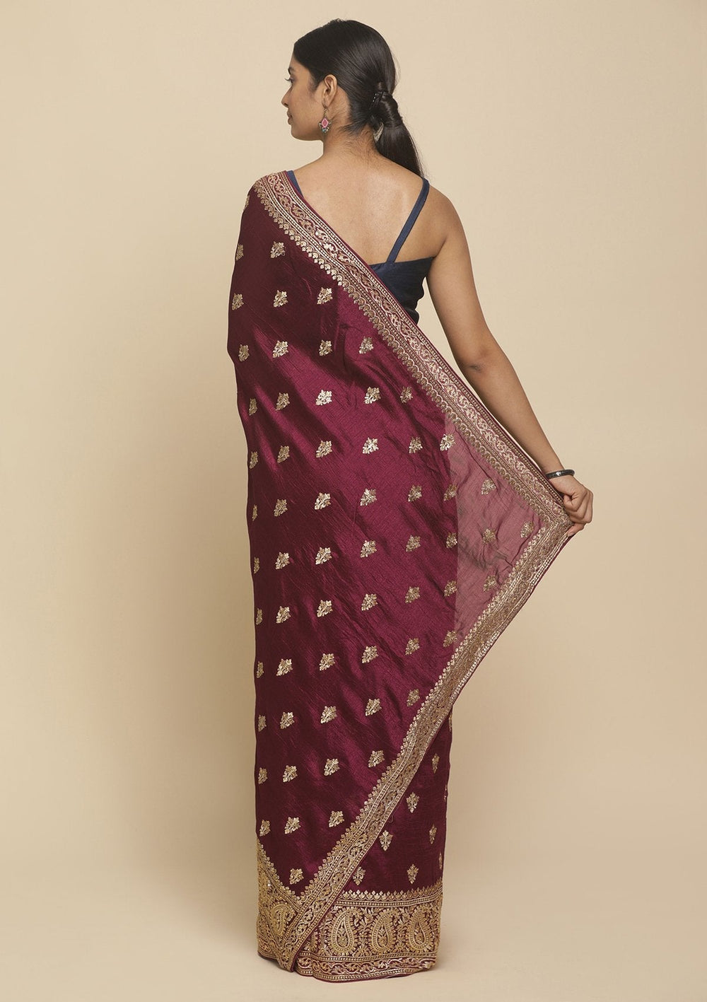 Wine Zariwork  Art Silk Designer Saree - koskii