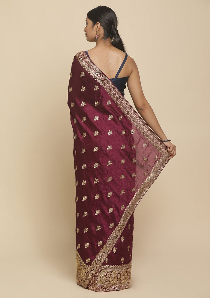 Wine Zariwork  Art Silk Designer Saree - koskii
