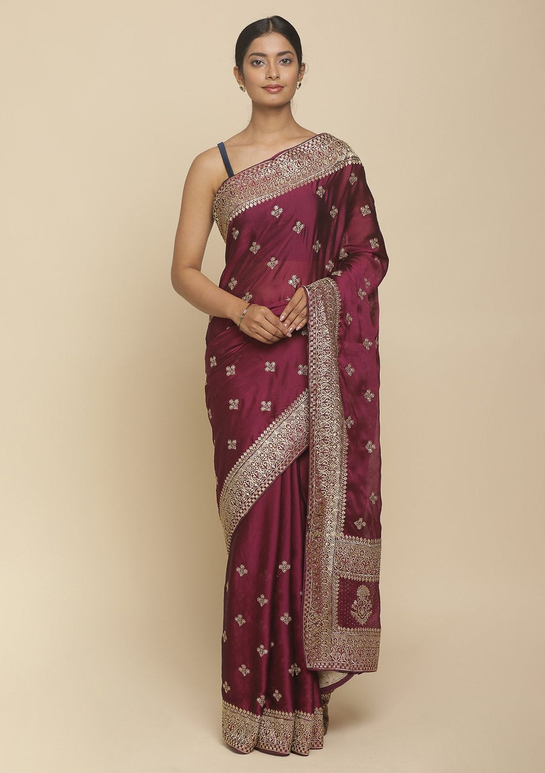 Wine Zariwork  Art Silk Designer Saree - koskii