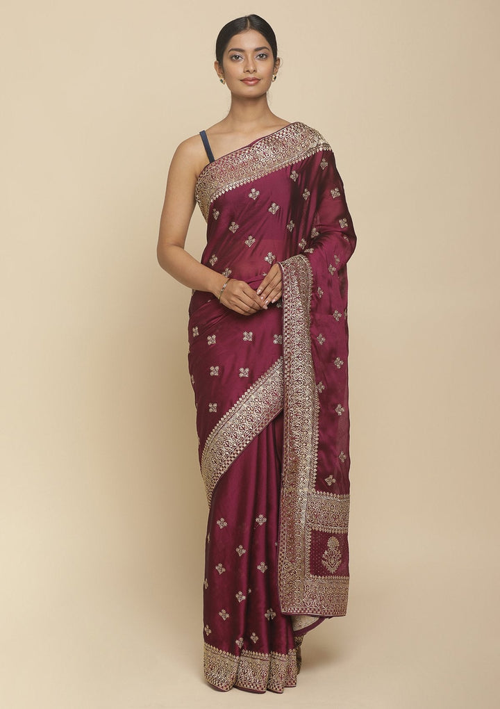 Wine Zariwork  Art Silk Designer Saree - koskii