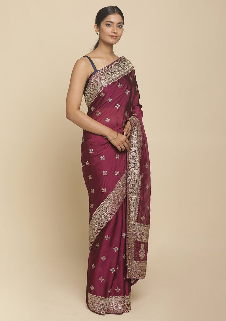 Wine Zariwork  Art Silk Designer Saree - koskii