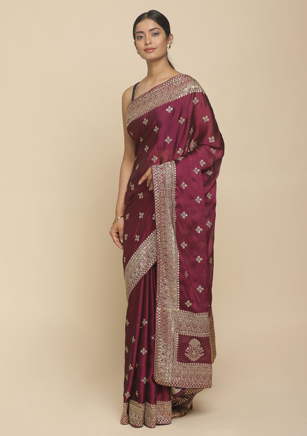 Wine Zariwork  Art Silk Designer Saree - koskii