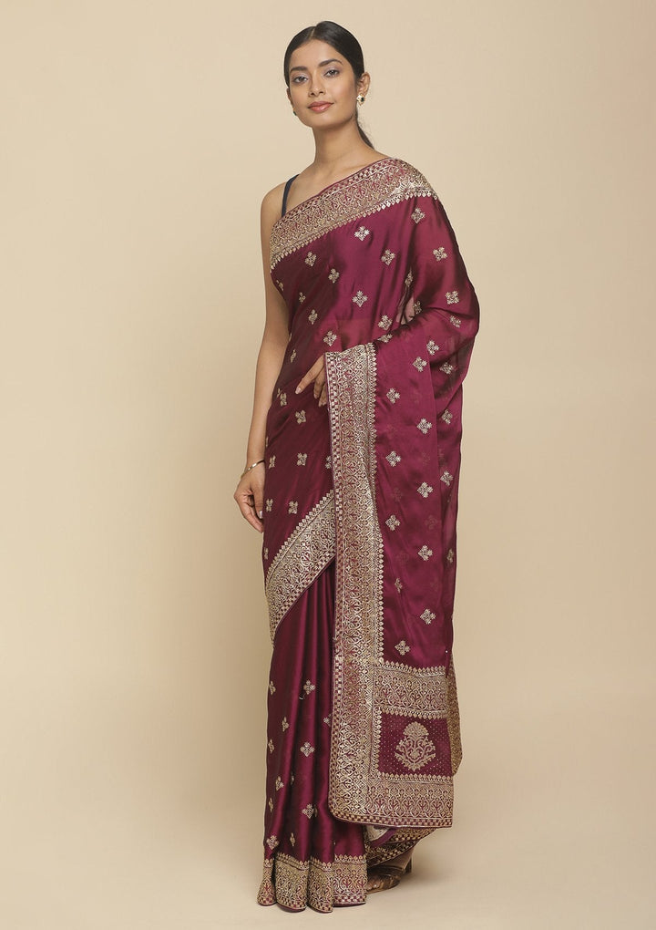 Wine Zariwork  Art Silk Designer Saree - koskii