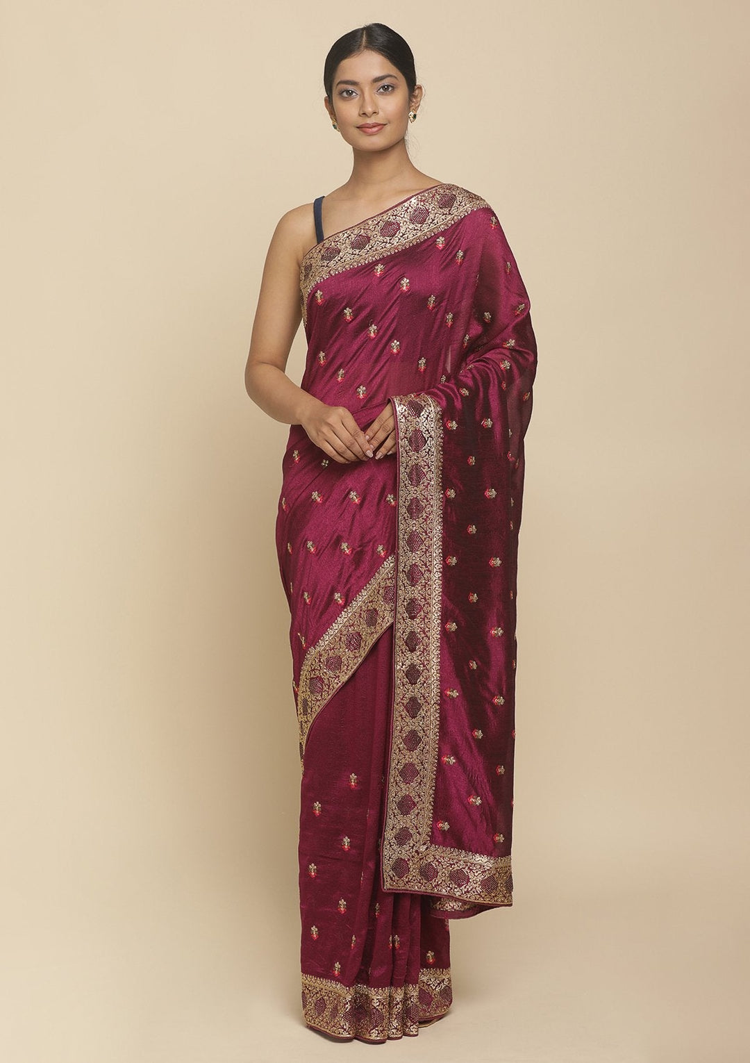 Wine Zariwork  Art Silk Designer Saree - koskii