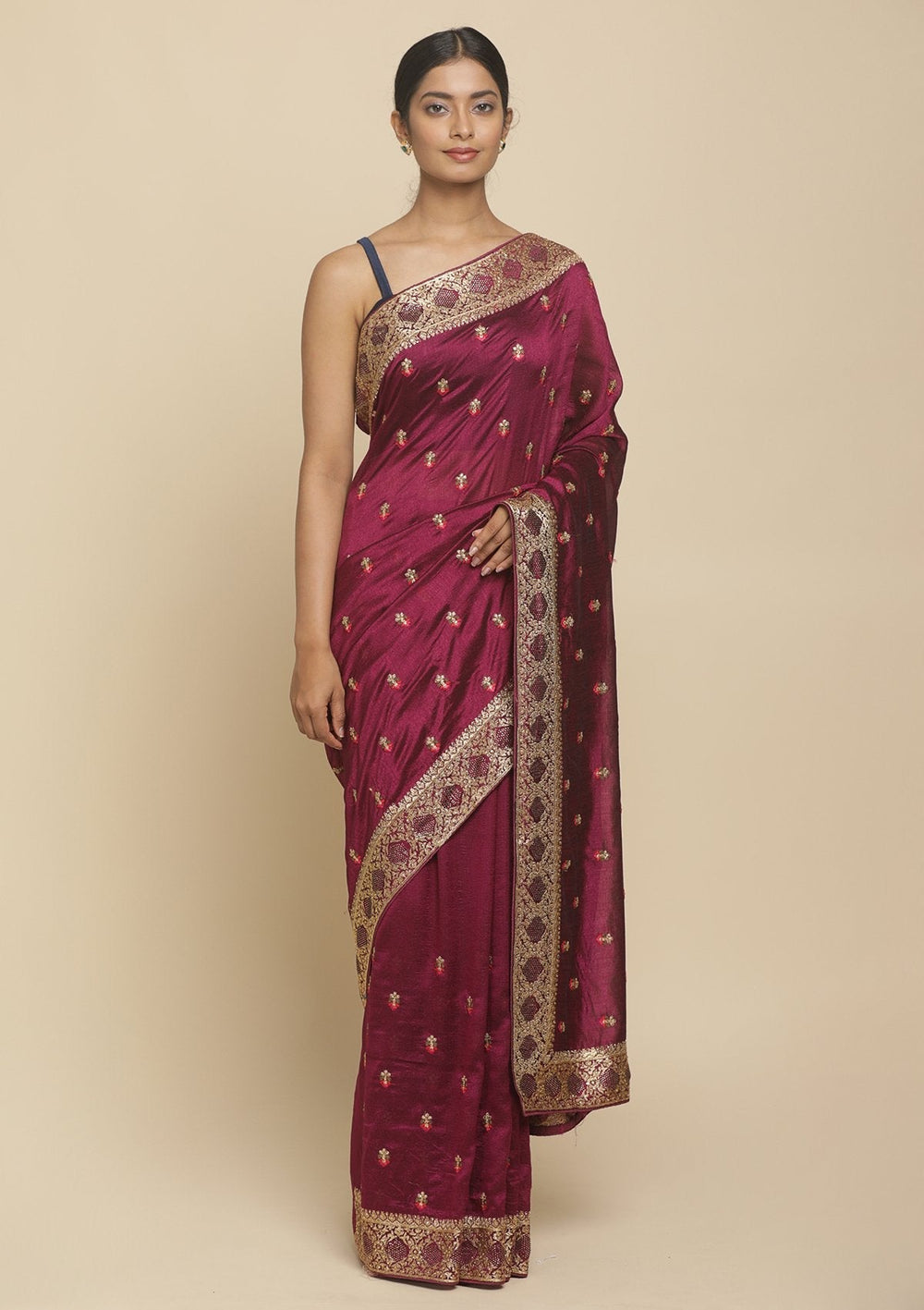 Wine Zariwork  Art Silk Designer Saree - koskii