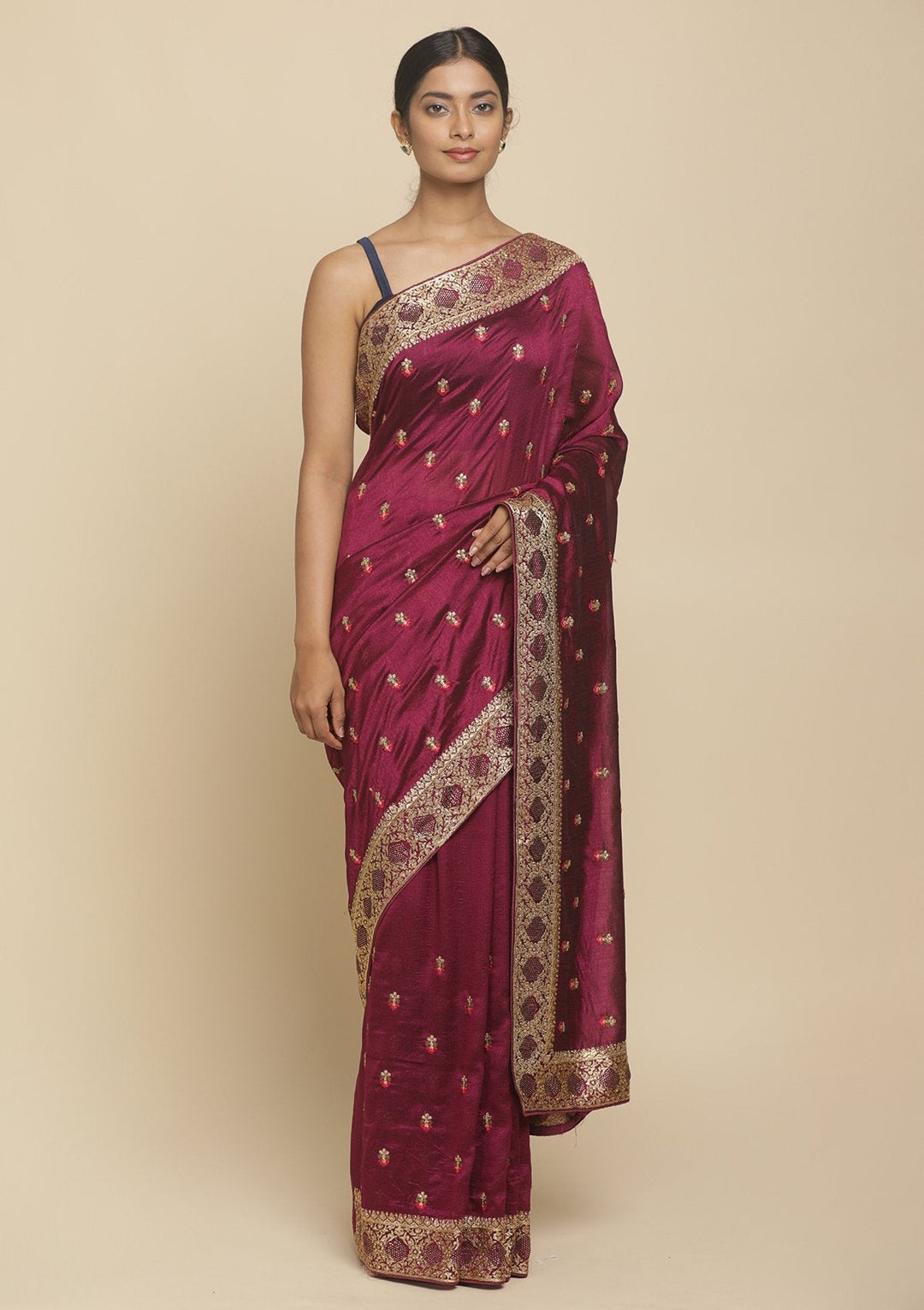 Wine Zariwork  Art Silk Designer Saree - koskii