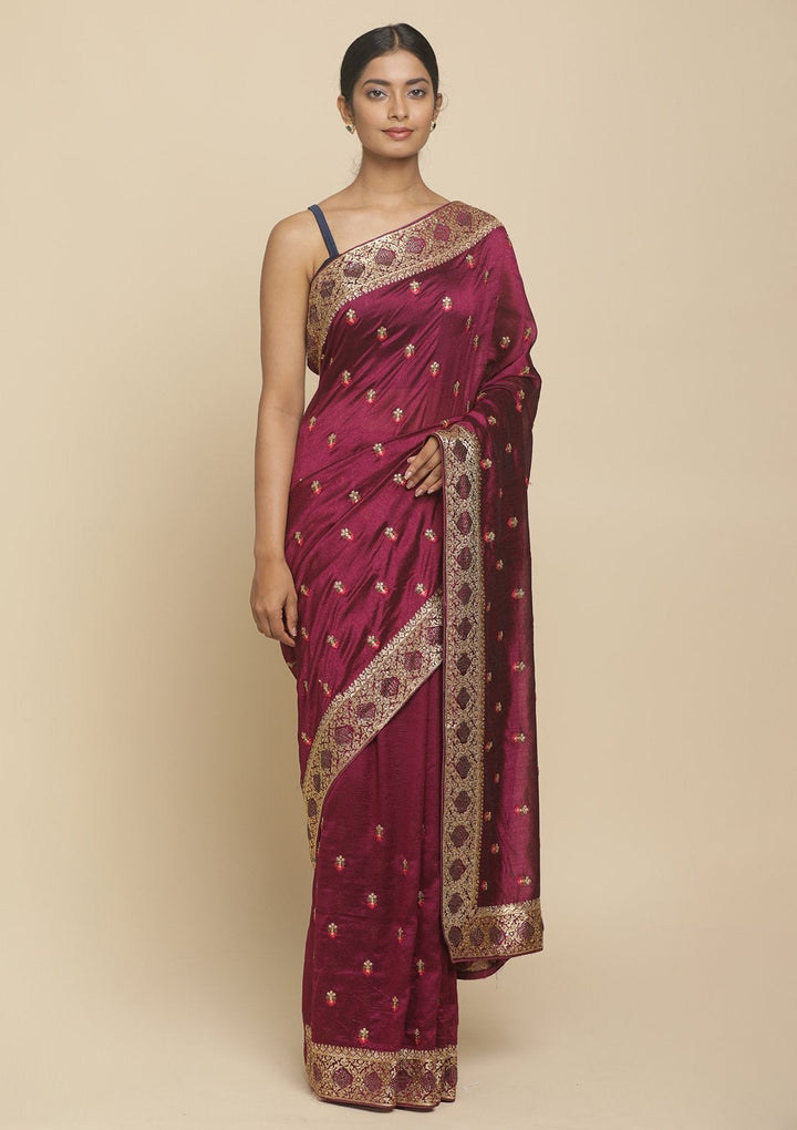 Wine Zariwork  Art Silk Designer Saree - koskii