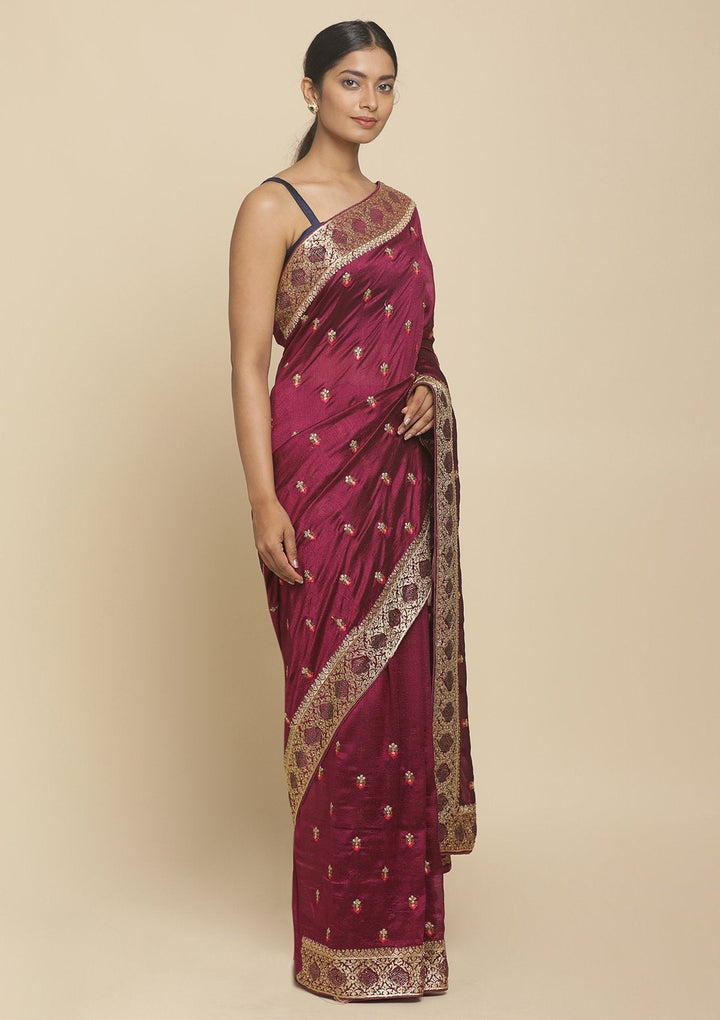 Wine Zariwork  Art Silk Designer Saree - koskii