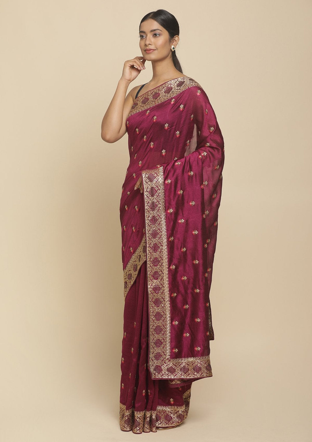 Wine Zariwork  Art Silk Designer Saree - koskii