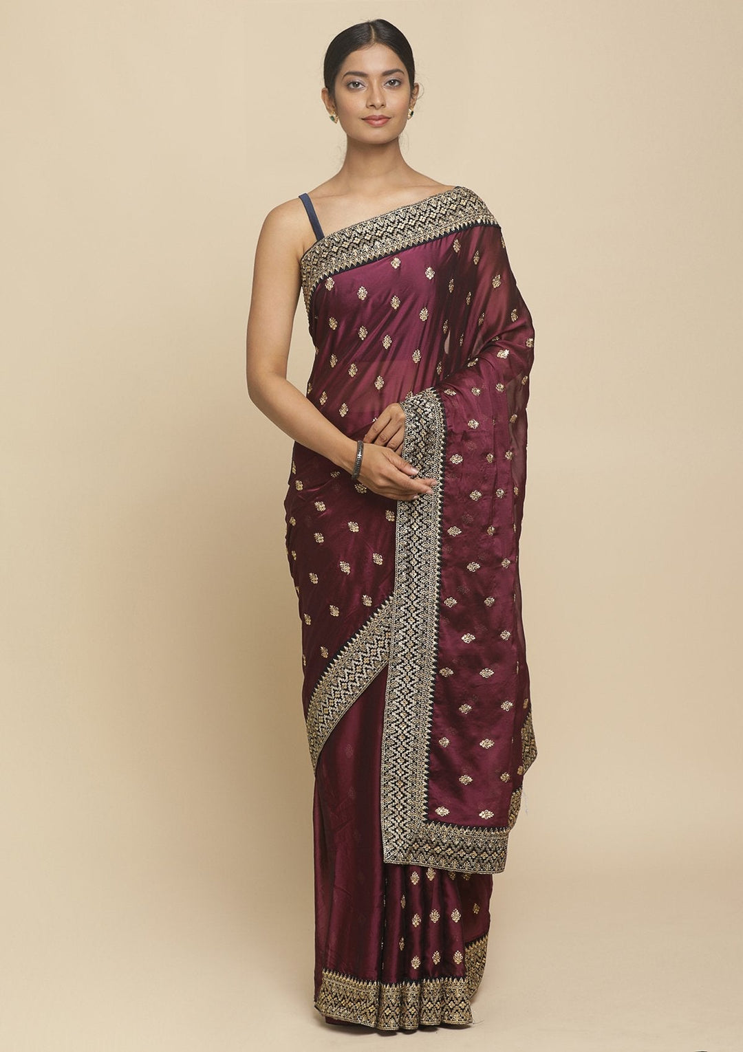 Wine Zariwork  Art Silk Designer Saree - koskii