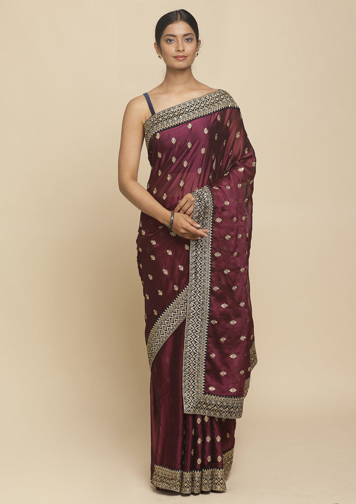 Wine Zariwork  Art Silk Designer Saree - koskii
