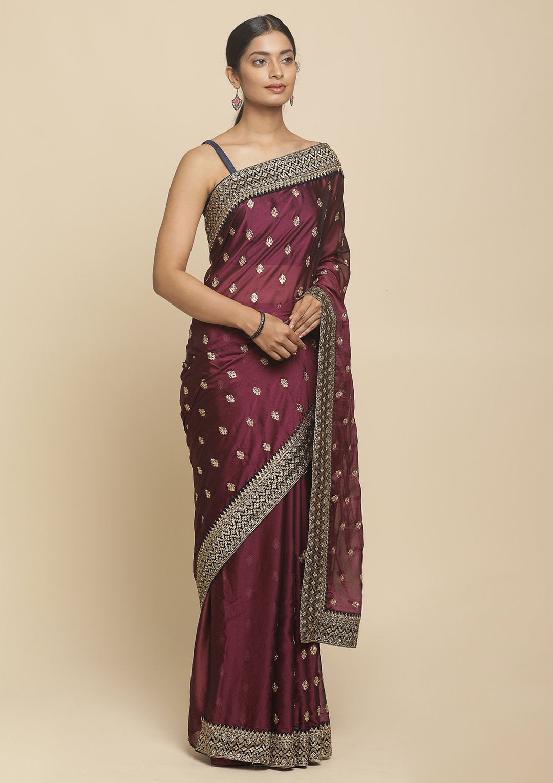 Wine Zariwork  Art Silk Designer Saree - koskii