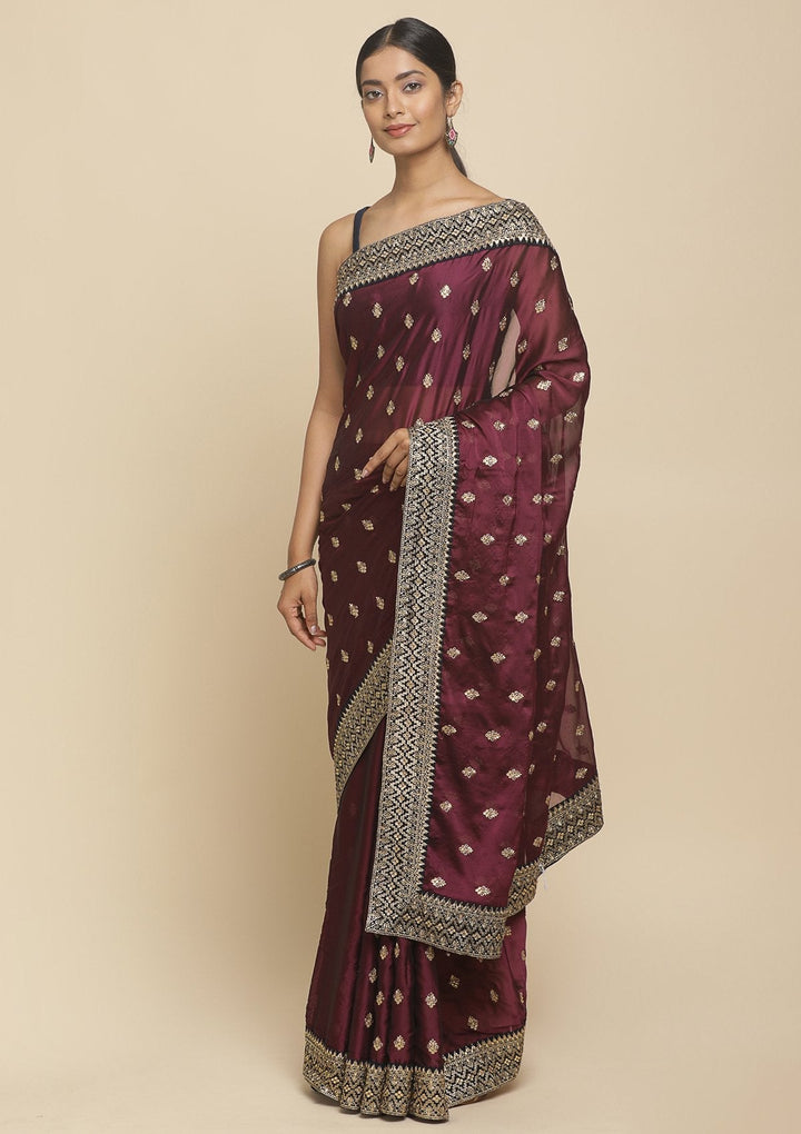 Wine Zariwork  Art Silk Designer Saree - koskii