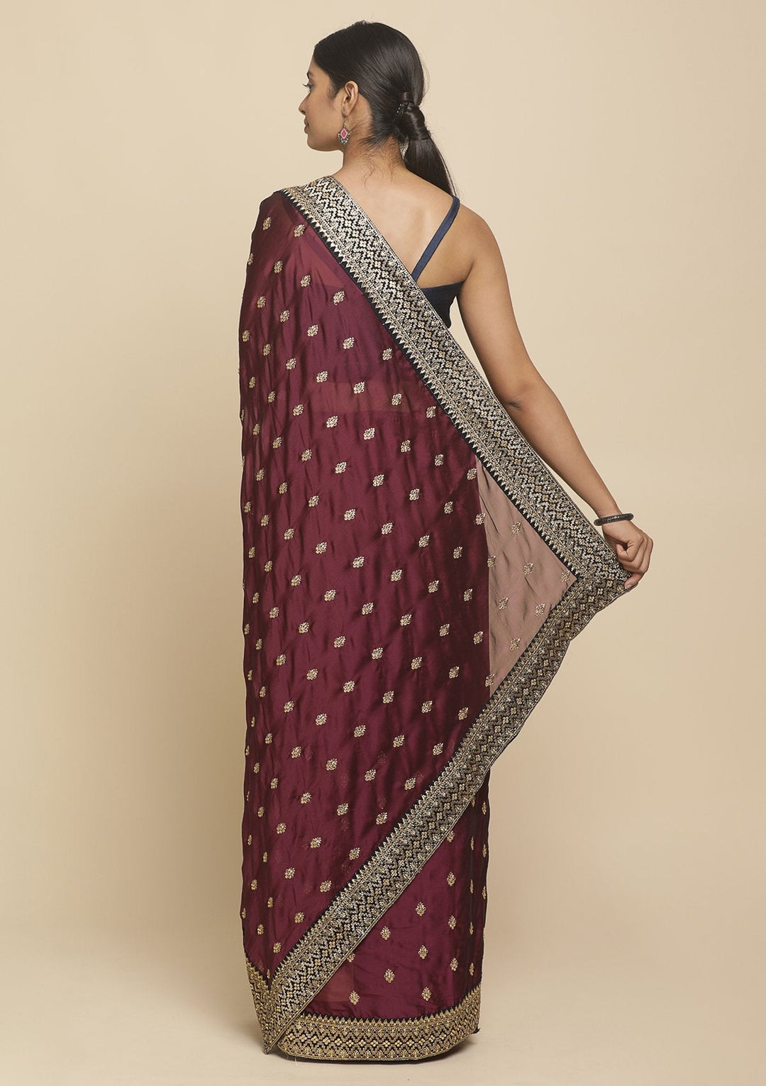 Wine Zariwork  Art Silk Designer Saree - koskii