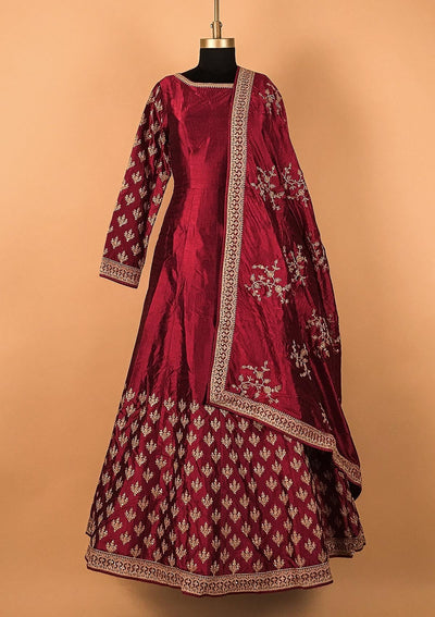 Wine Zariwork Raw Silk Designer Gown - koskii