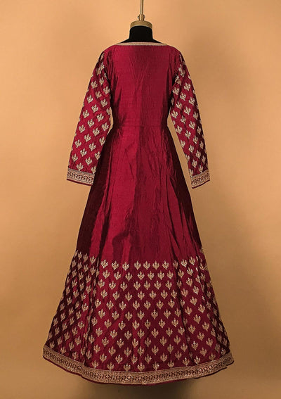 Wine Zariwork Raw Silk Designer Gown - koskii