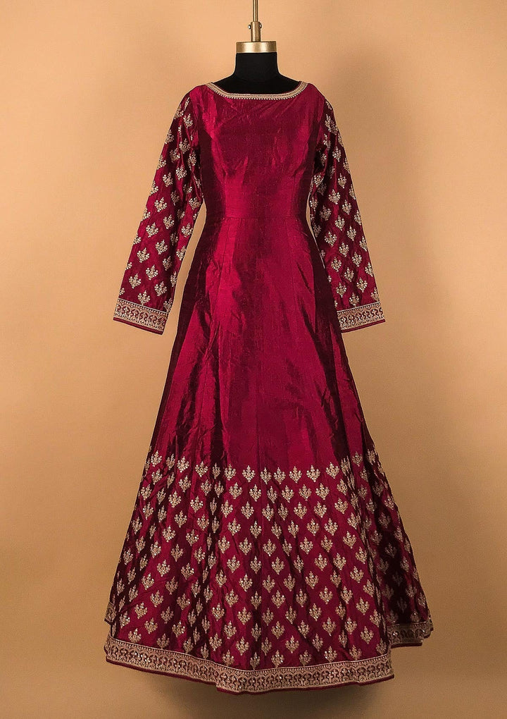 Wine Zariwork Raw Silk Designer Gown - koskii