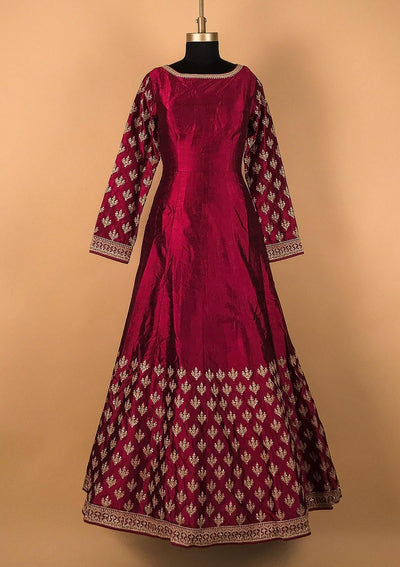 Wine Zariwork Raw Silk Designer Gown - koskii