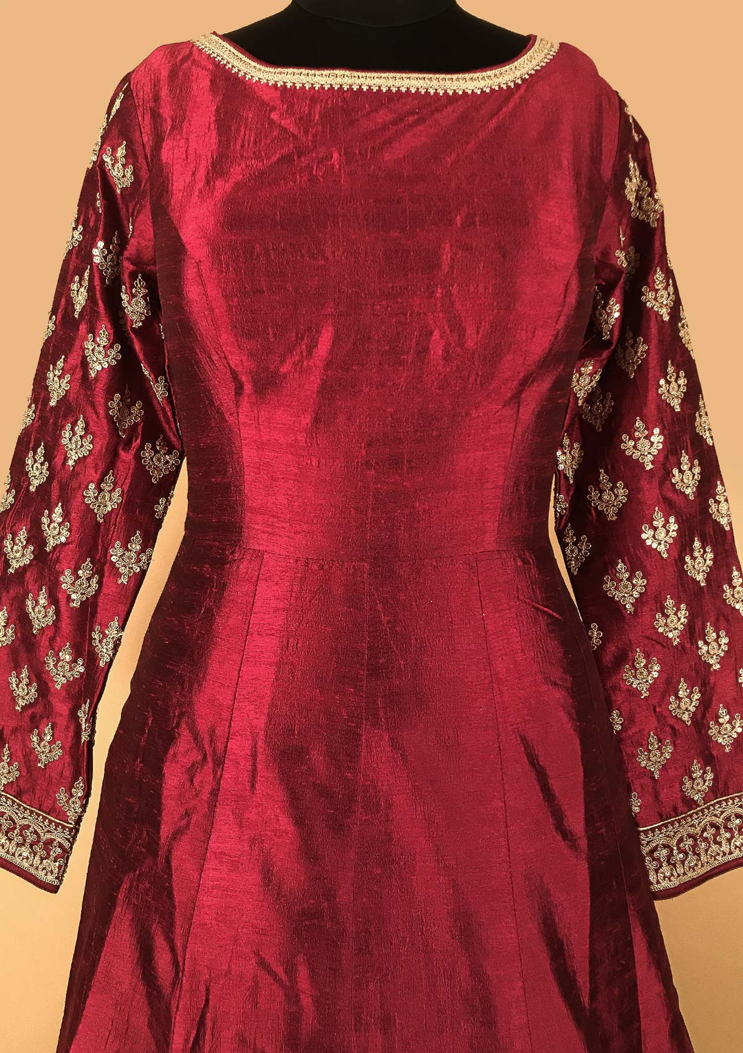 Wine Zariwork Raw Silk Designer Gown - koskii
