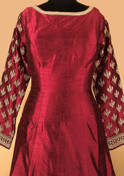 Wine Zariwork Raw Silk Designer Gown - koskii
