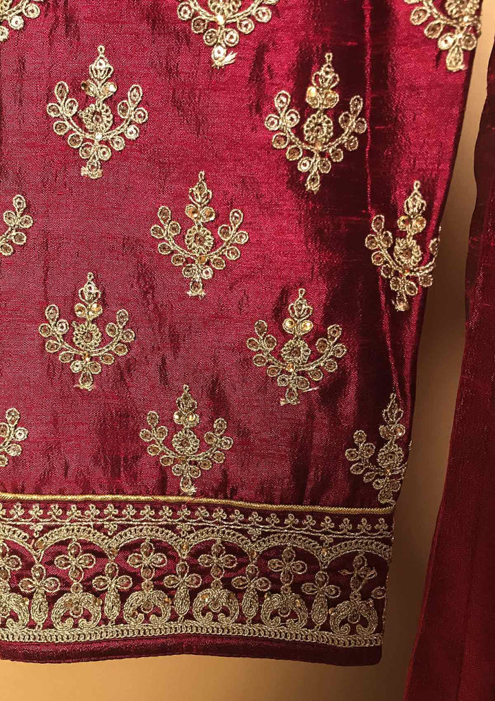 Wine Zariwork Raw Silk Designer Gown - koskii