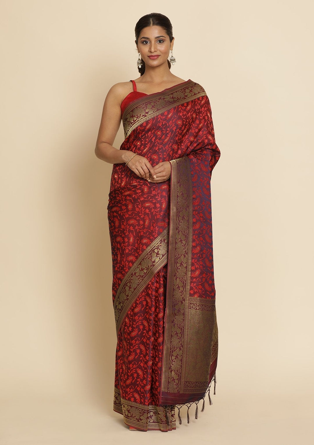 Wine Zariwork Satin Designer Saree - koskii