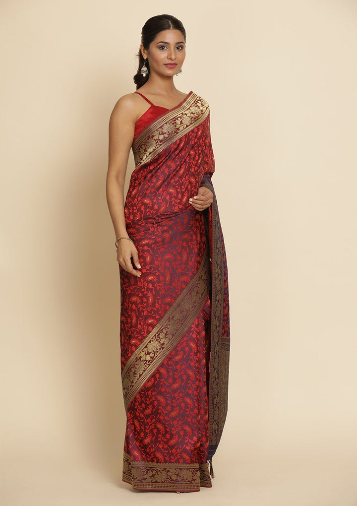 Wine Zariwork Satin Designer Saree - koskii
