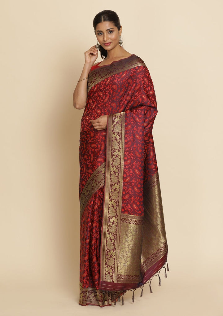 Wine Zariwork Satin Designer Saree - koskii