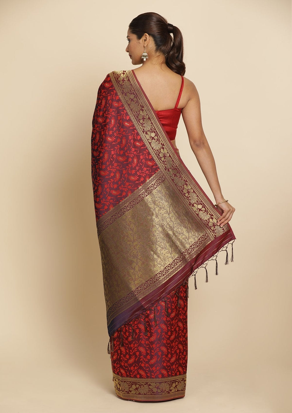 Wine Zariwork Satin Designer Saree - koskii