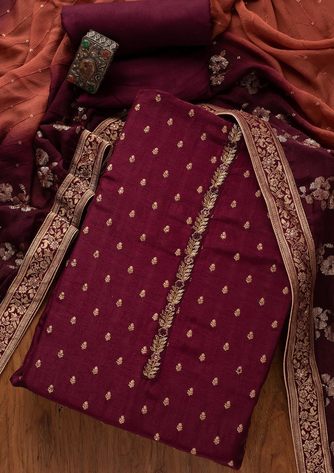 Wine Zariwork Semi Crepe Designer Unstitched Salwar Suit - koskii