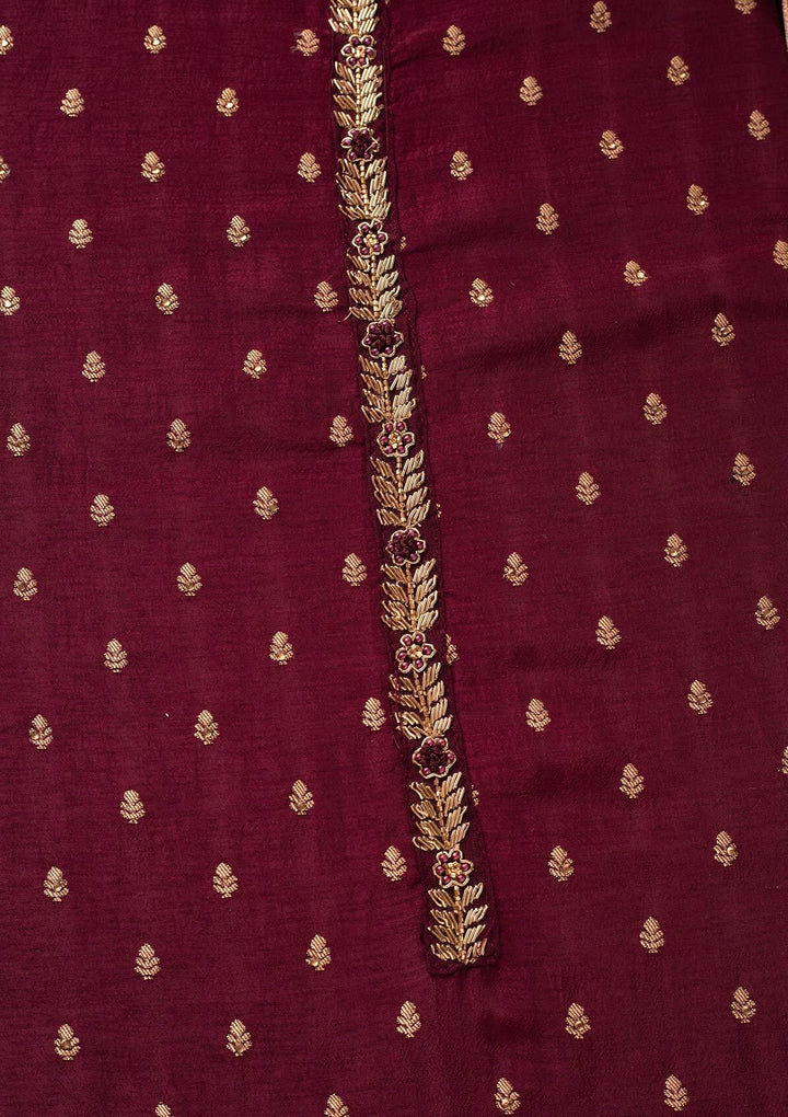 Wine Zariwork Semi Crepe Designer Unstitched Salwar Suit - koskii