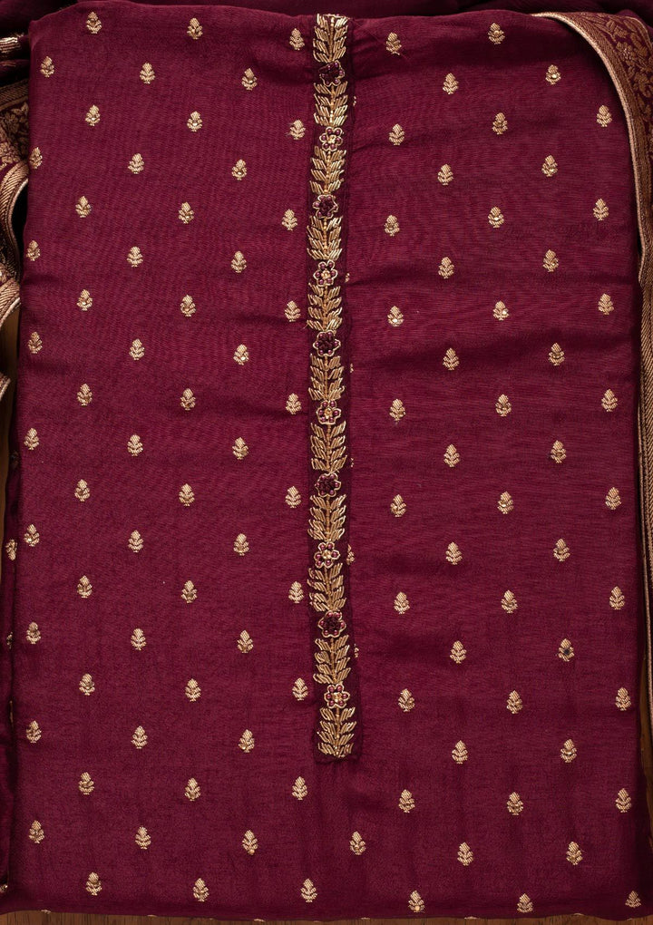 Wine Zariwork Semi Crepe Designer Unstitched Salwar Suit - koskii