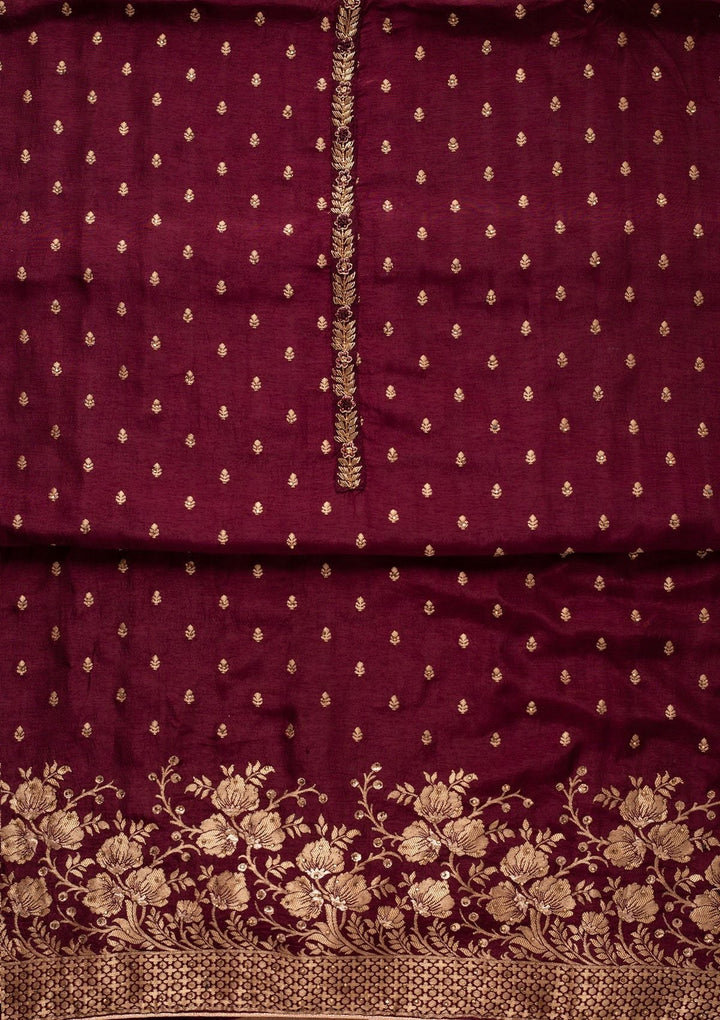 Wine Zariwork Semi Crepe Designer Unstitched Salwar Suit - koskii