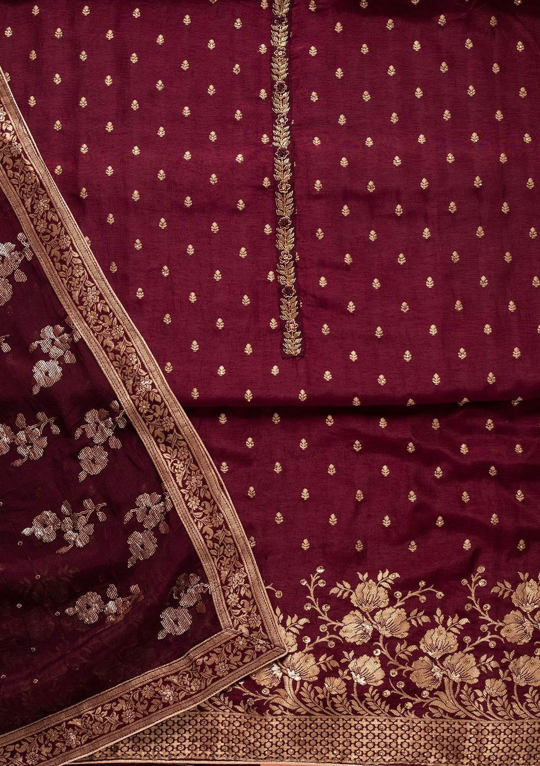 Wine Zariwork Semi Crepe Designer Unstitched Salwar Suit - koskii
