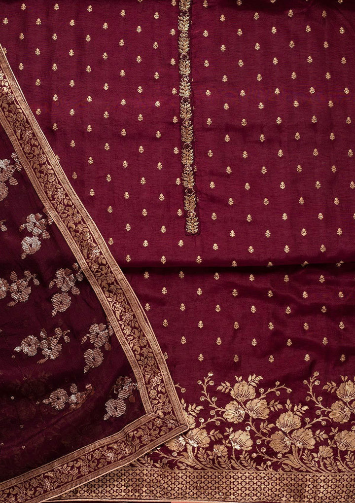 Wine Zariwork Semi Crepe Designer Unstitched Salwar Suit - koskii