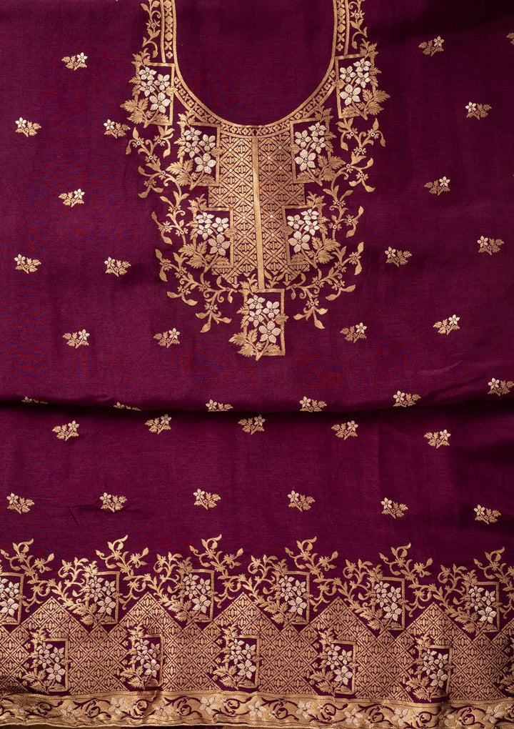 Wine Zariwork Semi Crepe Designer Semi-Stitched Salwar Suit - koskii