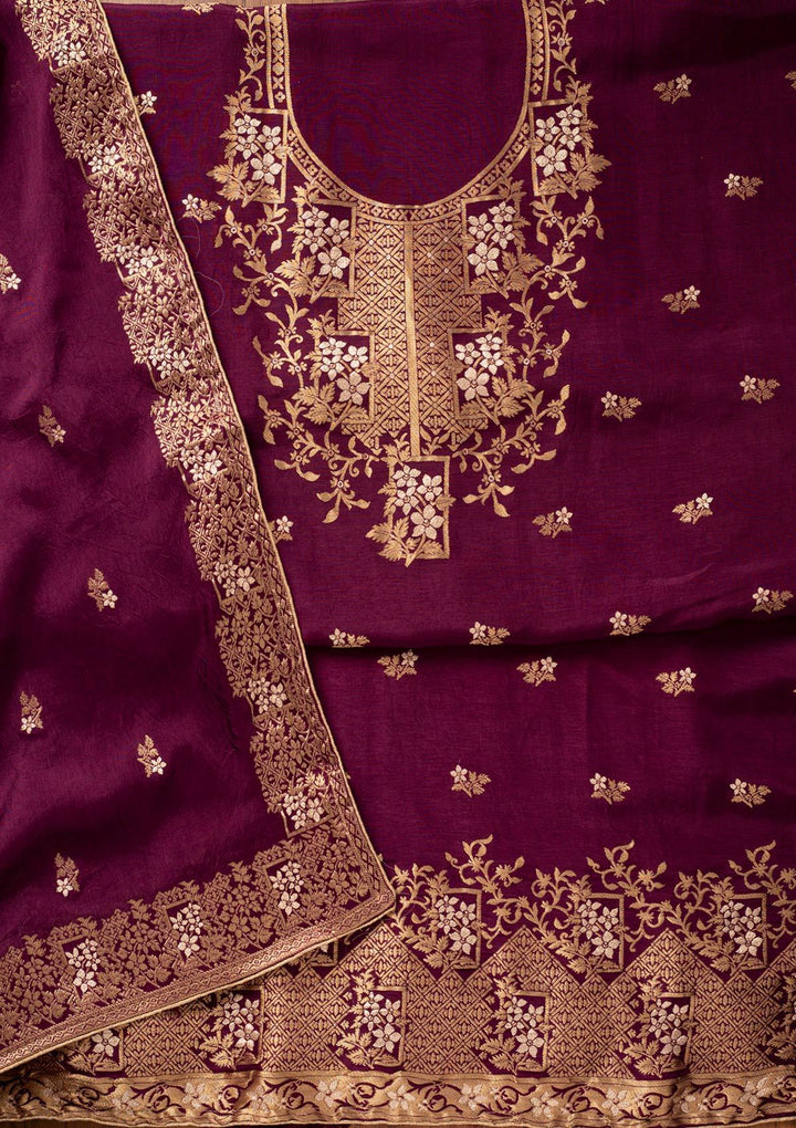Wine Zariwork Semi Crepe Designer Semi-Stitched Salwar Suit - koskii