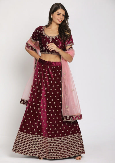 Wine Zariwork Velvet Designer Semi-Stitched Lehenga - koskii