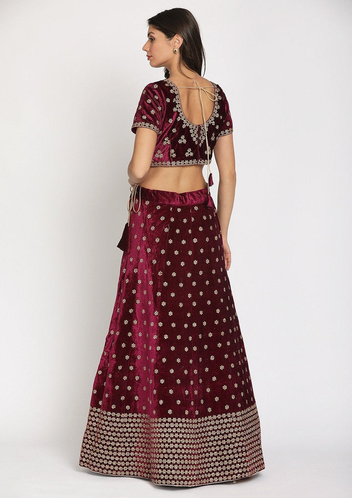 Wine Zariwork Velvet Designer Semi-Stitched Lehenga - koskii
