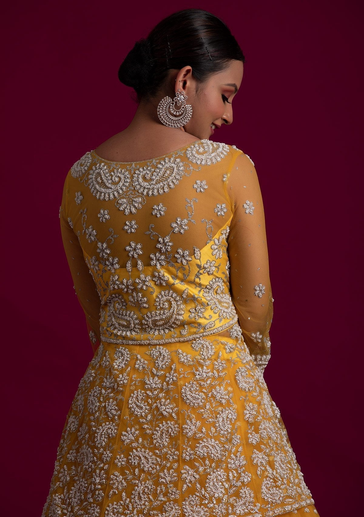 Yellow Glitter Net Designer Lehenga - koskii