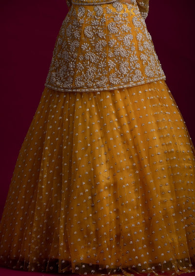 Yellow Glitter Net Designer Lehenga - koskii